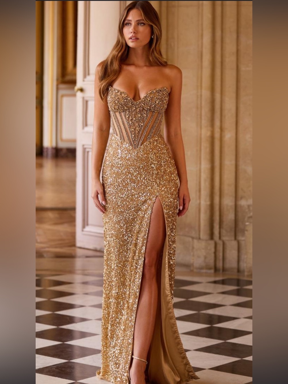 Sherri Hill Gold Sequin Strapless Corset Maxi Gown